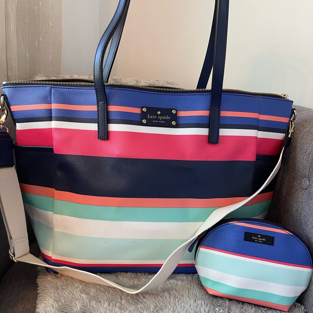 Kate Spade Stripped Large Tote and Makeup bag (baby or weekender bag)